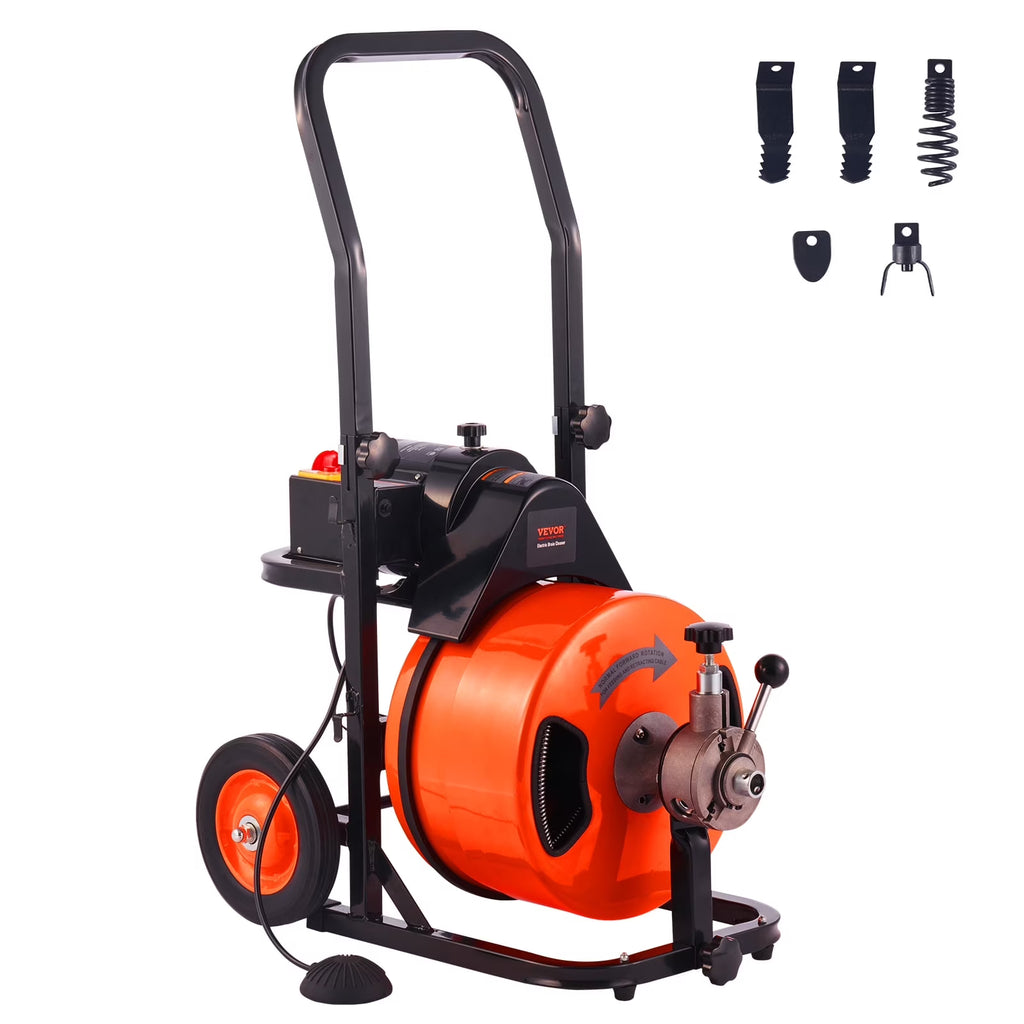 Déboucheur de canalisations VEVOR 30,5 m x 1/2 pouce, furet de canalisation à alimentation automatique avec 4 fraises et pédale de commande à air pour 1 à 4 tuyaux, orange, noir