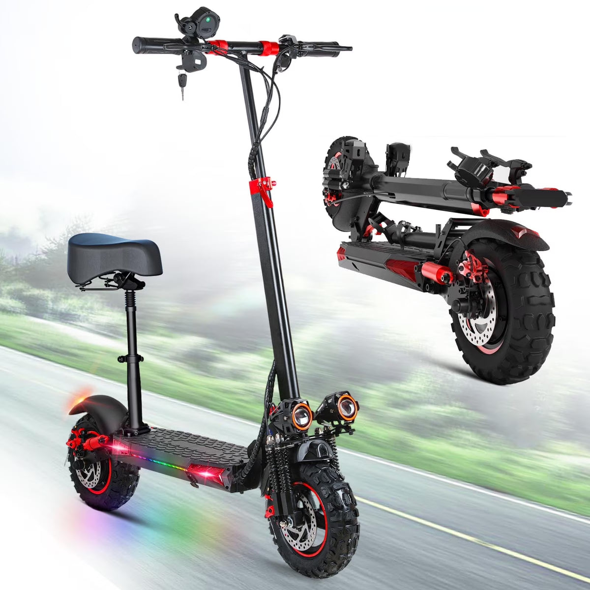 MIWEN Trottinette électrique tout-terrain 11'' pour adulte avec siège, moteur 1200W, vitesse jusqu'à 34MPH, autonomie 30-34Miles, trottinette électrique rapide 48V 21Ah pliable