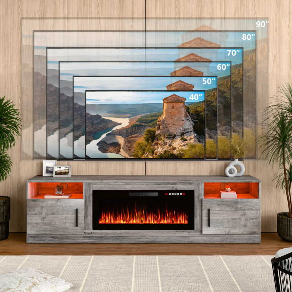 Meuble TV avec cheminée Waleaf avec cheminée électrique de 36 pouces pour téléviseurs jusqu’à 80 pouces, console multimédia moderne en bois avec meuble éclairé, blanc