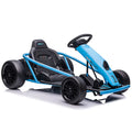 Kart Simzone pour enfants, batterie 24 V, 2 moteurs de 300 W, pédalage au pied, vitesse de 8 mi/h, voiture de dérapage à grande vitesse avec démarrage progressif, musique, pneus robustes et résistants, bleu