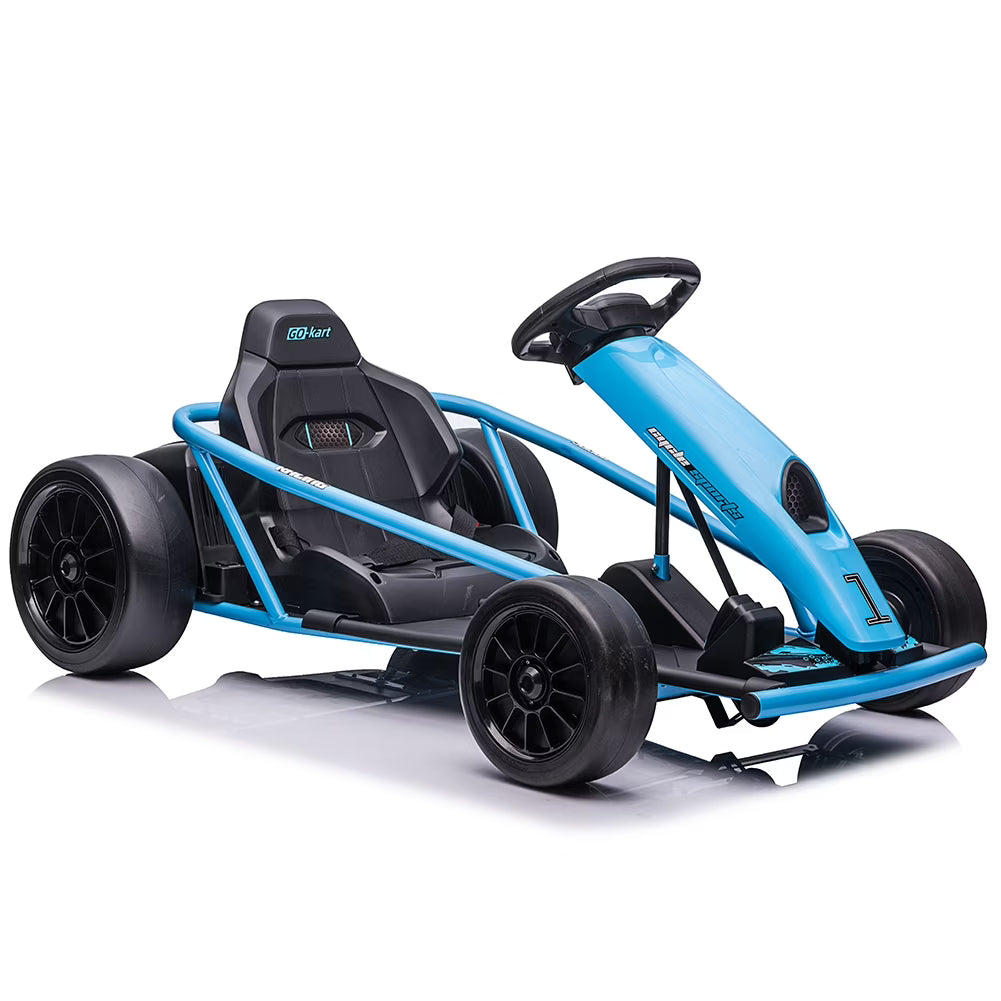 Kart Simzone pour enfants, batterie 24 V, 2 moteurs de 300 W, pédalage au pied, vitesse de 8 mi/h, voiture de dérapage à grande vitesse avec démarrage progressif, musique, pneus robustes et résistants, bleu