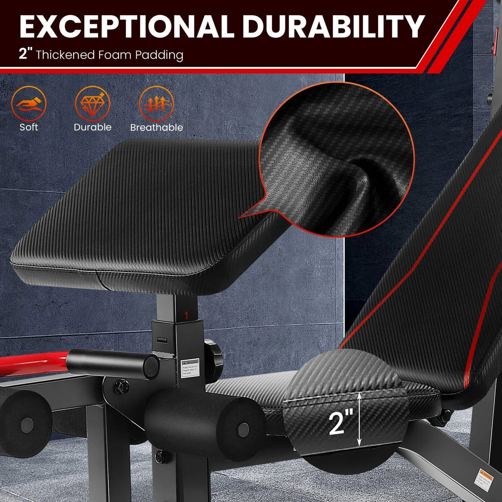 VIBESPARK Banc de musculation à charges réglables 900 LBS Ensemble de banc de musculation olympique avec rack à squats, pupitre à biceps, extension des jambes Banc d’exercice pour tout le corps et développé couché pour salle de sport à domicile