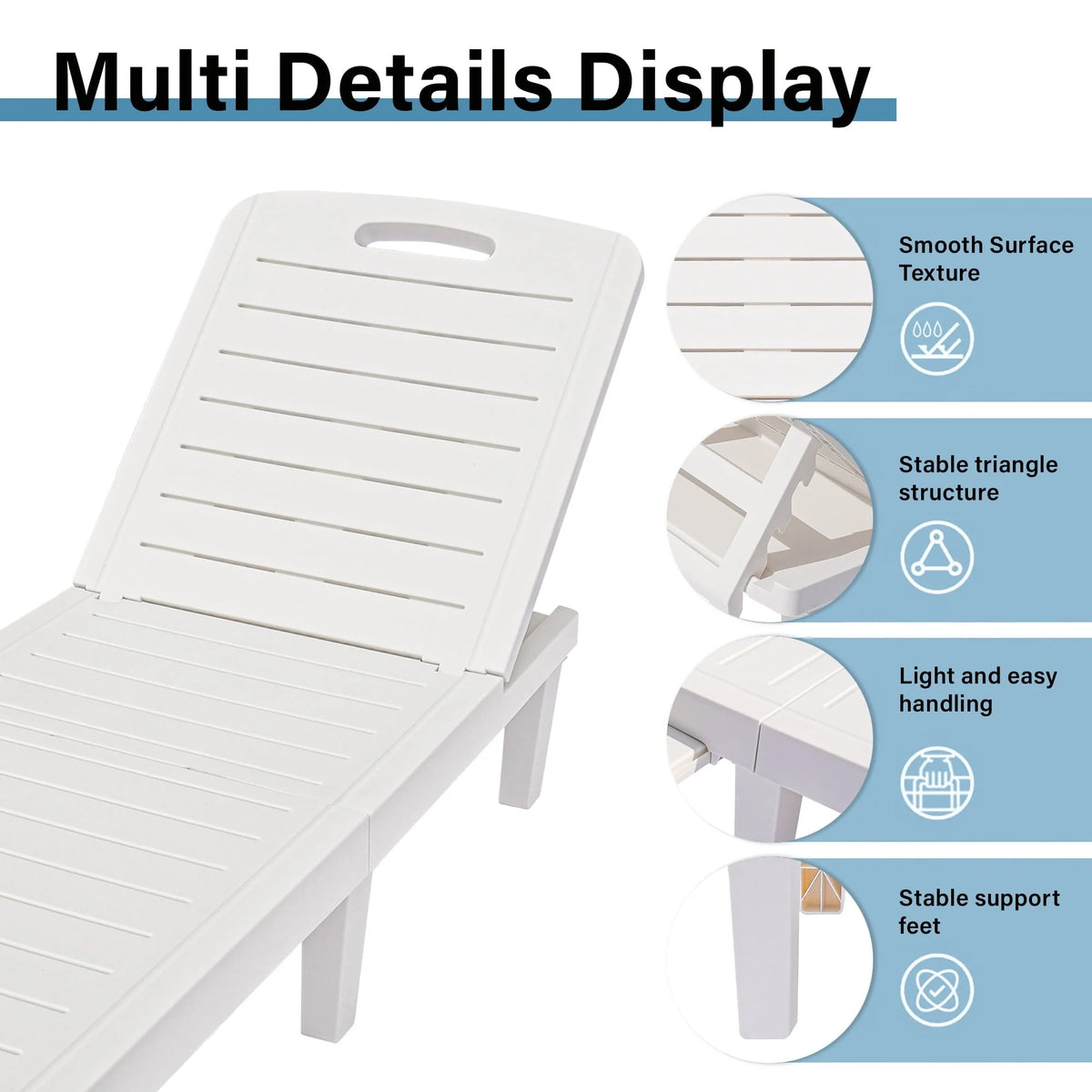 Lot de 2 fauteuils de jardin, chaise longue réglable avec table d’appoint, fauteuil inclinable d’extérieur pour bord de piscine, terrasse et jardin, design effet bois | Imperméable | Facile à monter | Poids max. 330 lb Blanc