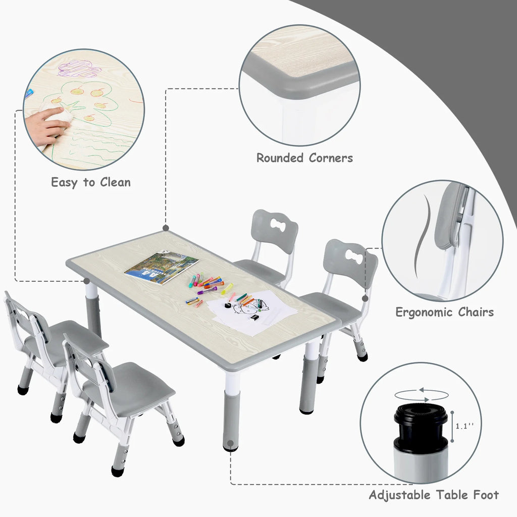 Ensemble table et 4 chaises pour enfants LAZY BUDDY, bureau réglable en hauteur pour tout-petits avec plateau graffiti, ensemble de table d’activités pour enfants pour crèche et maison