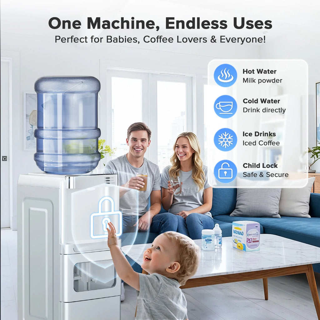 LHRIVER Distributeur d’eau 2-5 gallons & Machine à glaçons 6 min, 3-en-1 Chaud/Froid/Glace, Verrouillage enfant & Économe en énergie, pour Maison/Bureau, Noir