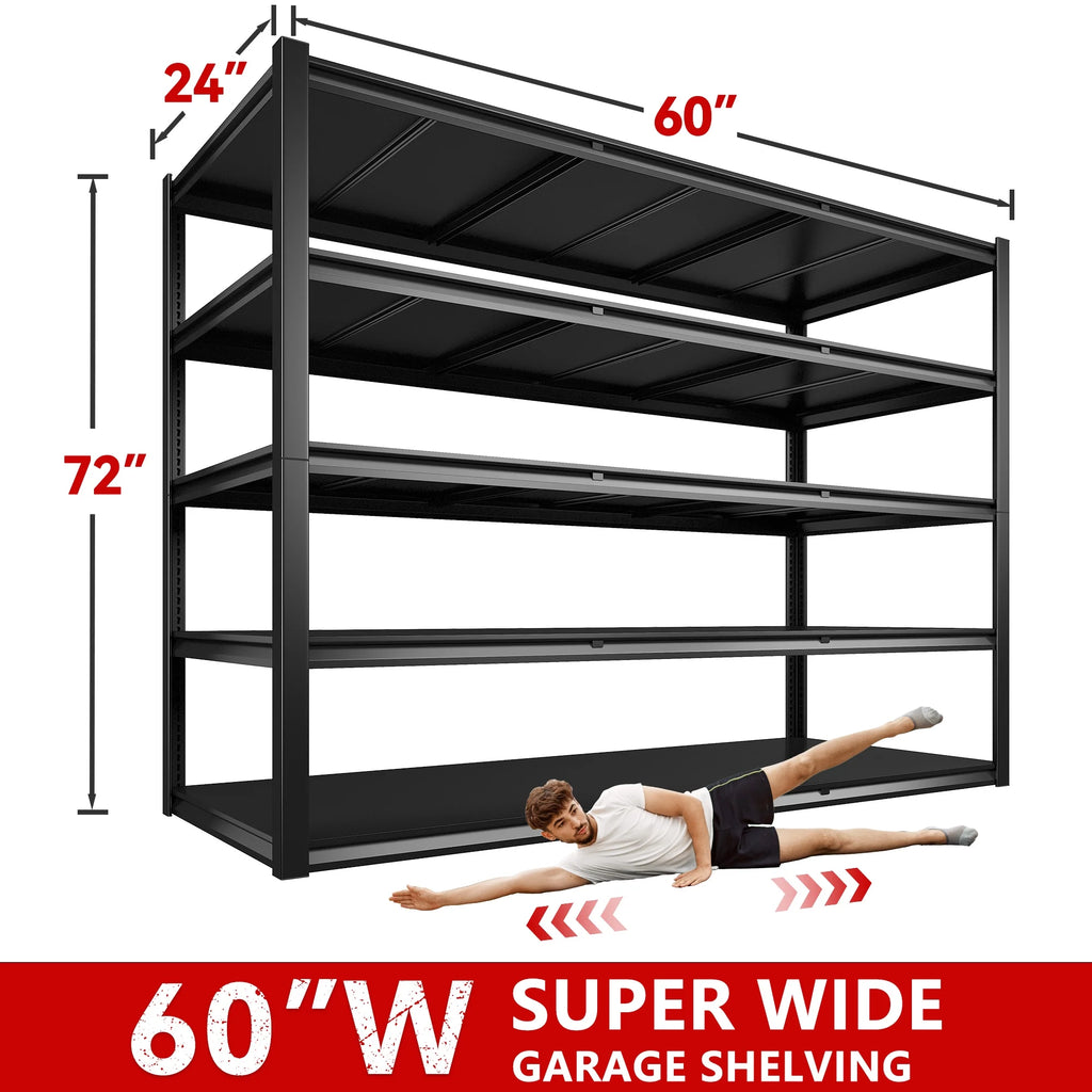 Étagères de garage REIBII 60 po, capacité de 3 000 lb, étagères de rangement robustes et réglables à 5 niveaux, rayonnage métallique, 60 po l x 24 po P x 72 po H