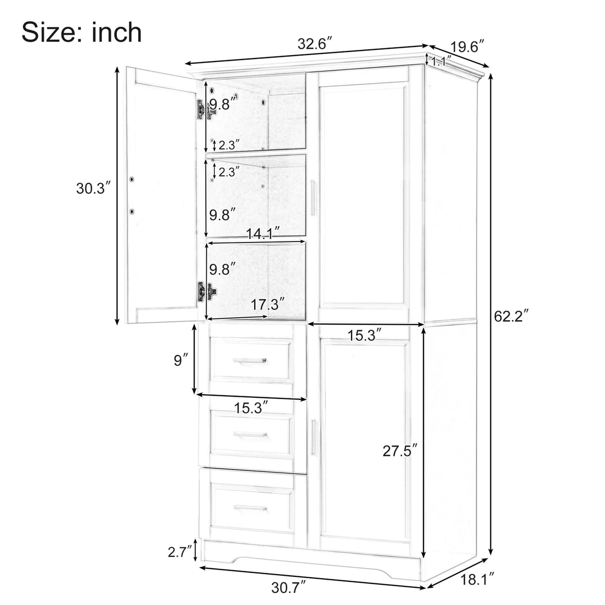 Armoire de salle de bain, meuble de rangement de 62,2 de haut avec portes et étagères, armoire à linge sur pied pour salle de bain, cuisine, salon, grise