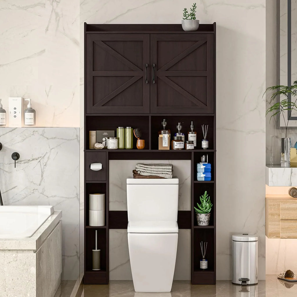 Meuble de rangement Vabches au-dessus des toilettes avec porte-papier toilette, avec étagère réglable et 2 portes