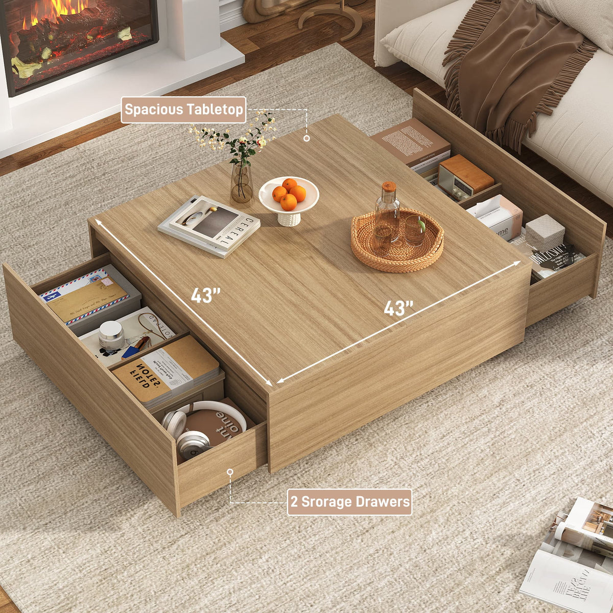 Table basse carrée Blotout avec 2 grands tiroirs, table basse Mid-Century Modern de 43 avec rangement, table basse en bois, table de salon avec rangement, grain de bois
