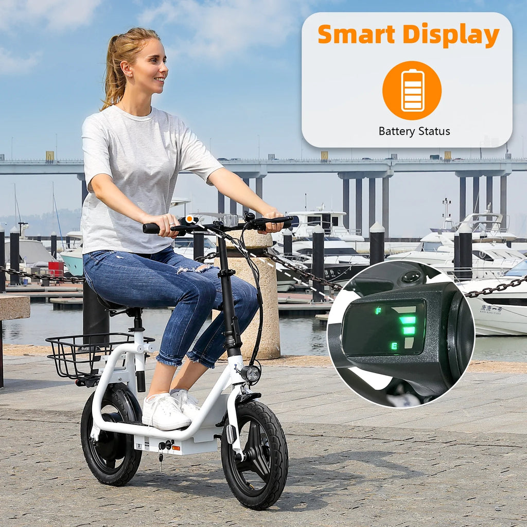 Trottinette électrique SANOPY 350 W avec siège pour adultes, autonomie de 24 km, vitesse de 32 km/h, cyclomoteur avec batterie 36 V 5,2 Ah, vélo électrique urbain avec gros pneus de 14 pouces et amortisseurs, noir