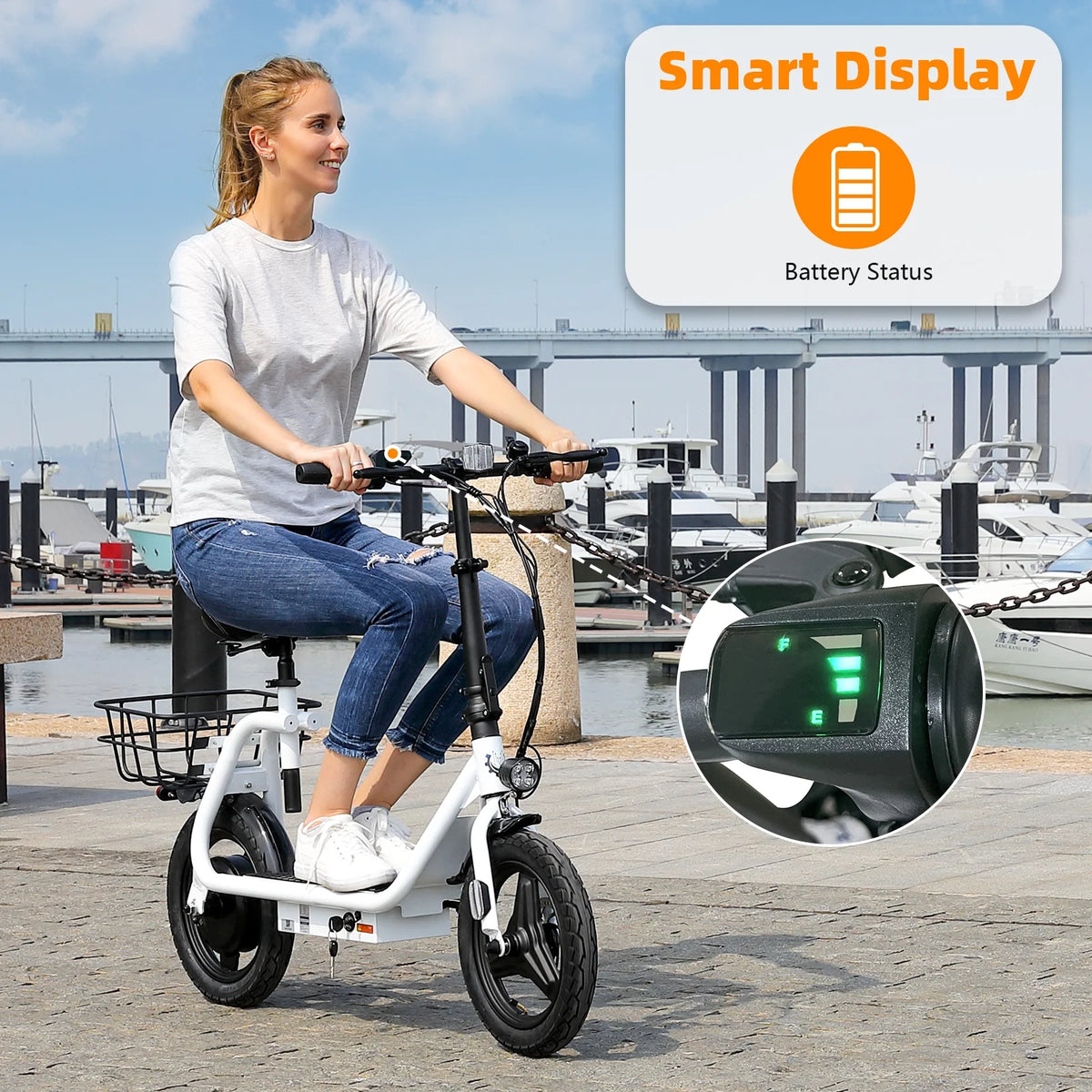 Trottinette électrique SANOPY 350 W avec siège pour adultes, autonomie de 24 km, vitesse de 32 km/h, cyclomoteur avec batterie 36 V 5,2 Ah, vélo électrique urbain avec gros pneus de 14 pouces et amortisseurs, noir