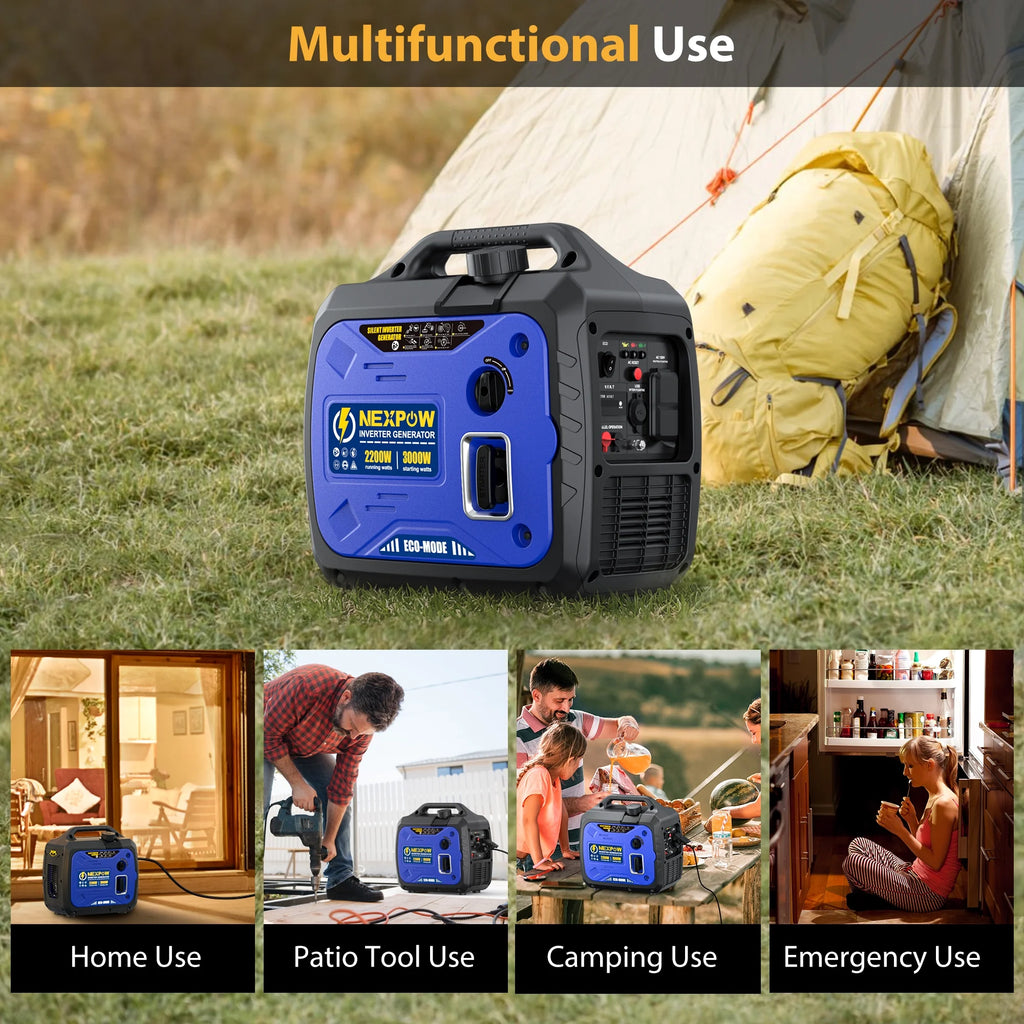 Génératrice portable avec onduleur NEXPOW 3000 W, légère et à essence, pour alimentation de secours à la maison et au camping, mode éco, couplage en parallèle, protection contre les surcharges