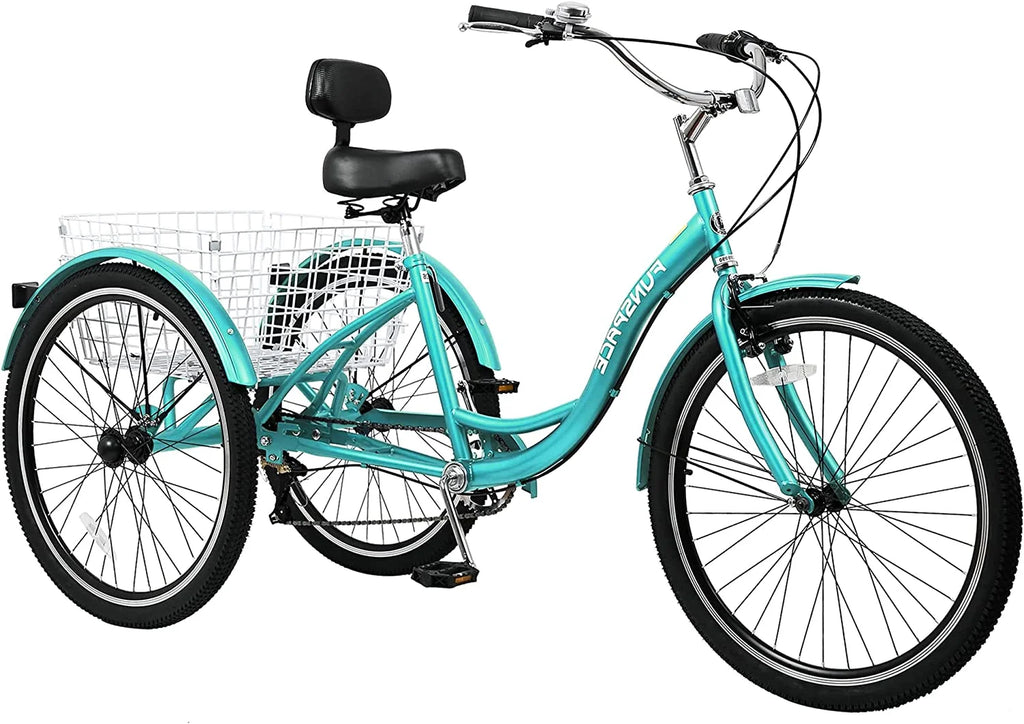 Tricycles pour adultes MOONCOOL avec panier arrière et pompe à pied, vélos à 3 roues 7 vitesses de 24 et 26 pouces, vélo à trois roues pour adultes avec dossier pour seniors, femmes et hommes