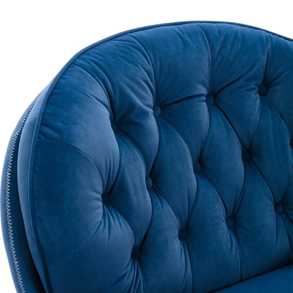 Fauteuil d'appoint pivotant en velours avec pouf, fauteuil méridienne moderne avec structure en métal et repose-pieds, fauteuil confortable pour la lecture, salon, chambre, bureau, bleu