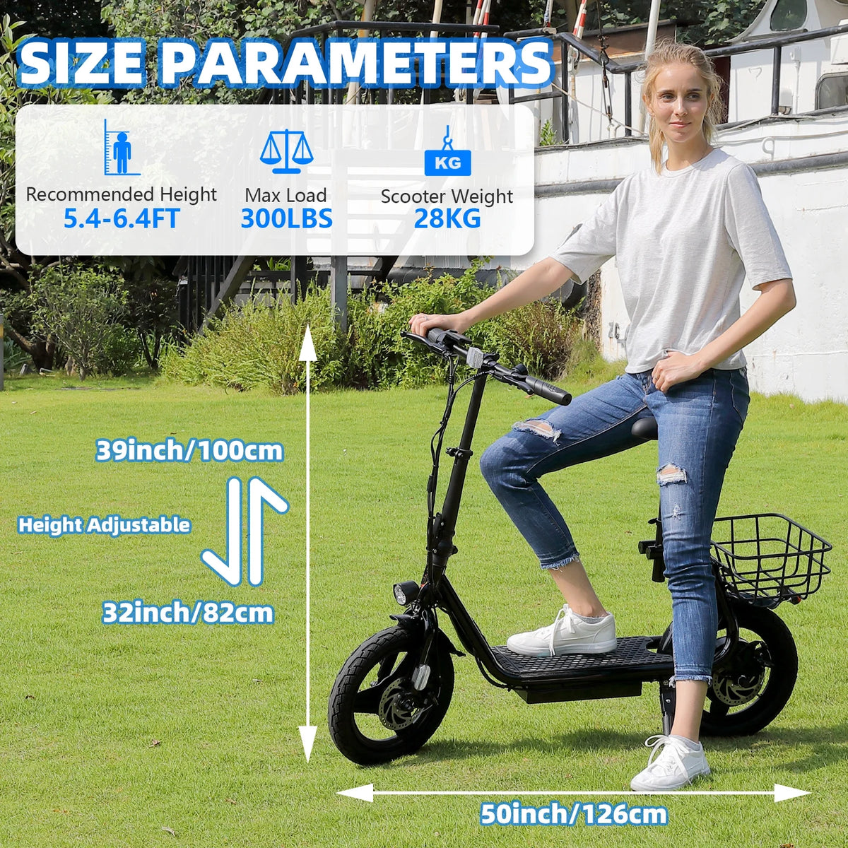 Trottinette électrique SANOPY 350 W avec siège pour adultes, autonomie de 24 km, vitesse de 32 km/h, cyclomoteur avec batterie 36 V 5,2 Ah, vélo électrique urbain avec gros pneus de 14 pouces et amortisseurs, noir