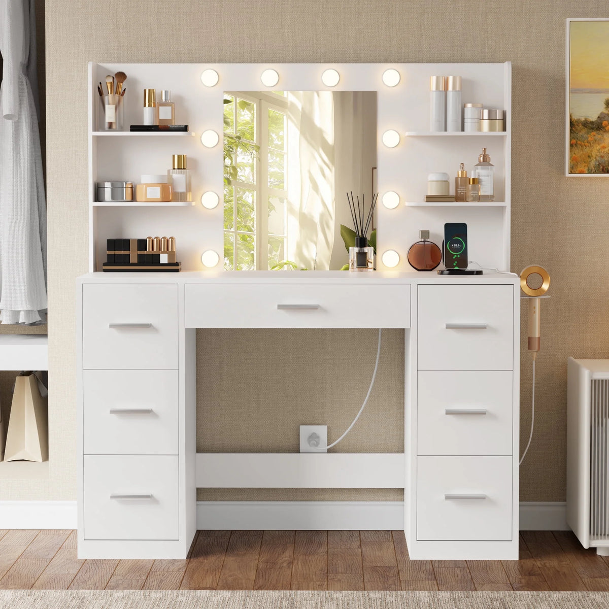 Coiffeuse Lacoo avec miroir et éclairage LED, coiffeuse de maquillage avec 7 tiroirs et 4 étagères, table de toilette avec prise électrique pour chambre ou dressing, blanc
