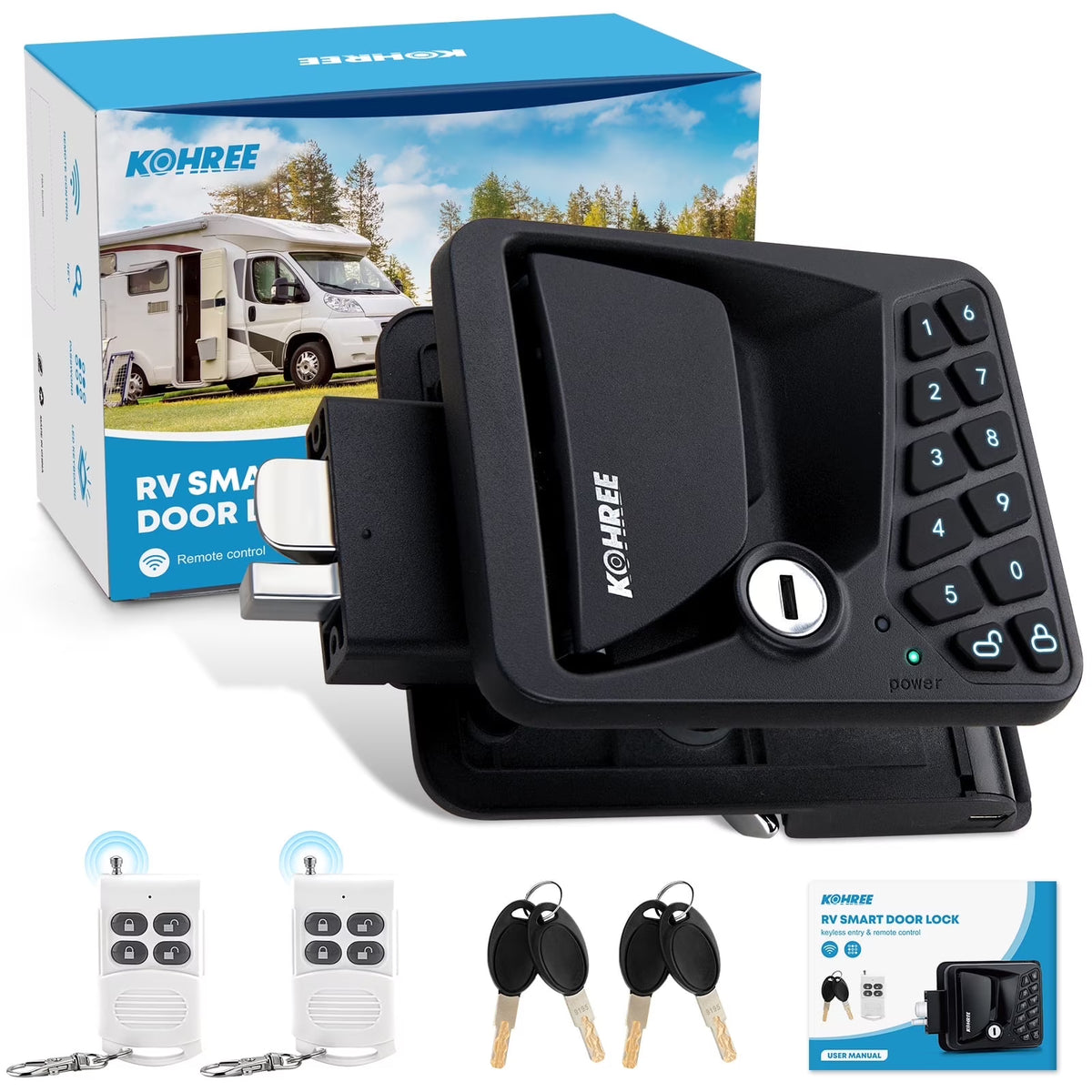 Kohree Serrure de porte de camping-car avec accès sans clé, Remplacement de serrures de porte de camping-car avec clavier et télécommande pour loquet de porte de caravane, camping-car et remorque de voyage