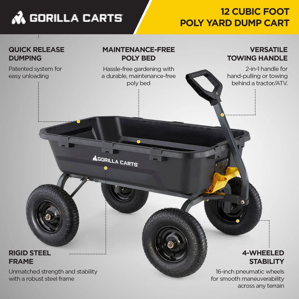 Chariot à benne Gorilla Carts en poly de 12 pi³, avec dispositif de dégagement rapide, capacité de 1 600 lb, noir