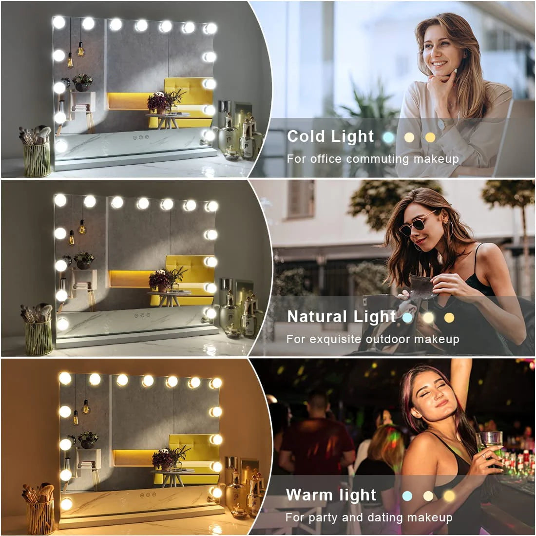 COOLJEEN Grand miroir de courtoisie Hollywood avec éclairage, fixation murale ou sur table, métal blanc