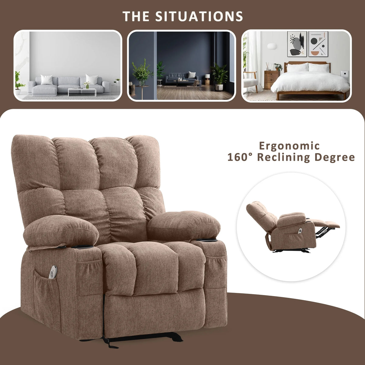 Fauteuil inclinable manuel JONPONY avec fonction de massage et de chauffage, mécanisme d’inclinaison robuste, fauteuil à bascule individuel pour personnes âgées avec porte-gobelets, pour chambre et salle de cinéma maison, gris