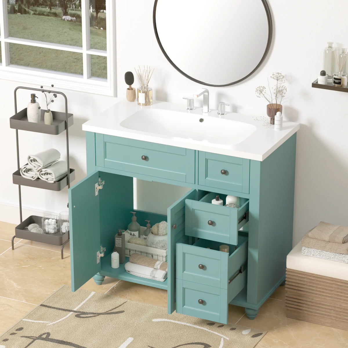 Meuble-lavabo de salle de bains Harper & Bright Designs 30 avec lavabo, armoire de salle de bains avec plateau en céramique, portes et tiroir de rangement multifonctionnels, vert