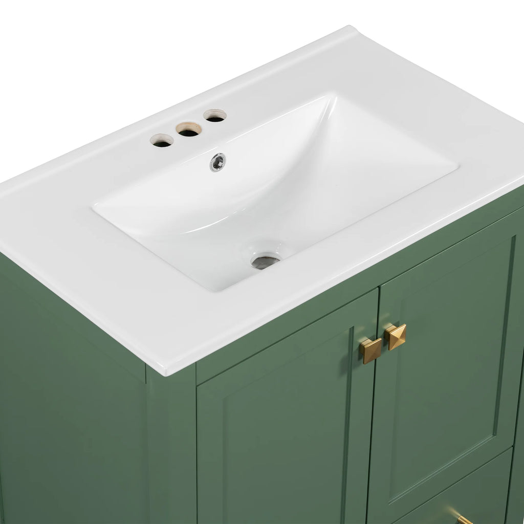 Meuble-lavabo de salle de bains Harper & Bright Designs 30 avec lavabo, armoire de salle de bains avec plateau en céramique, portes et tiroir de rangement multifonctionnels, vert