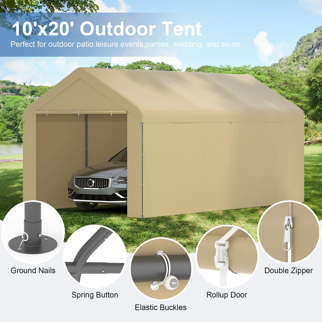 GOJOOASIS Carport, 10 x 20 Abri de voiture robuste avec paroi amovible, Garage portable en PE résistant à l'eau avec bâche toutes saisons Beige