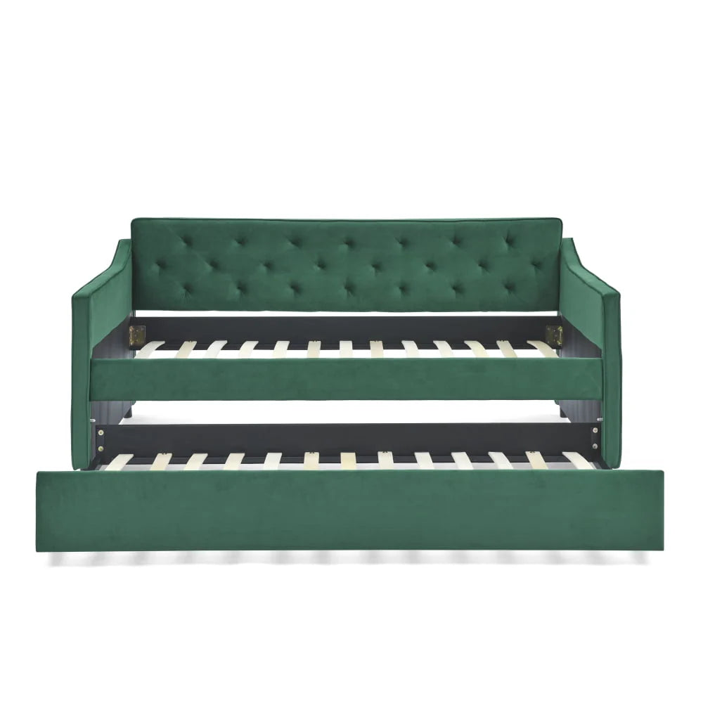 Lit de repos 1 place avec lit gigogne, cadre de lit moderne capitonné à boutons et rembourré en lin, avec lit gigogne coulissant, meuble de chambre à coucher, salon ou chambre d’amis, vert
