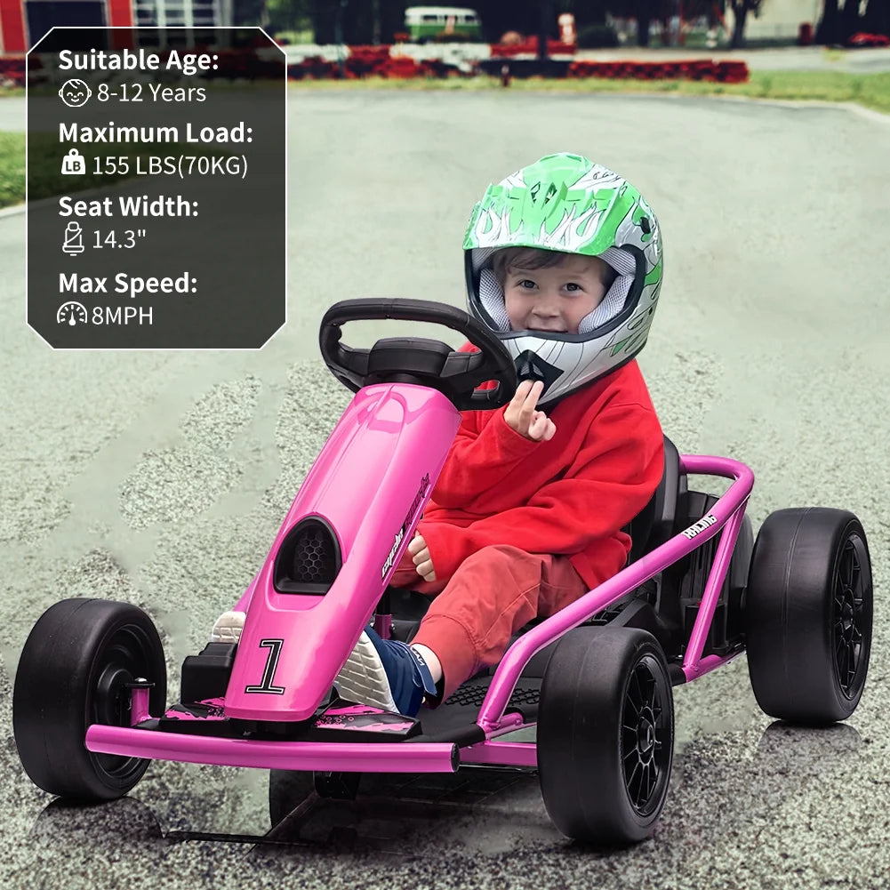 Kart Simzone pour enfants, batterie 24 V, 2 moteurs de 300 W, pédalage au pied, vitesse de 8 mi/h, voiture de dérapage à grande vitesse avec démarrage progressif, musique, pneus robustes et résistants, bleu