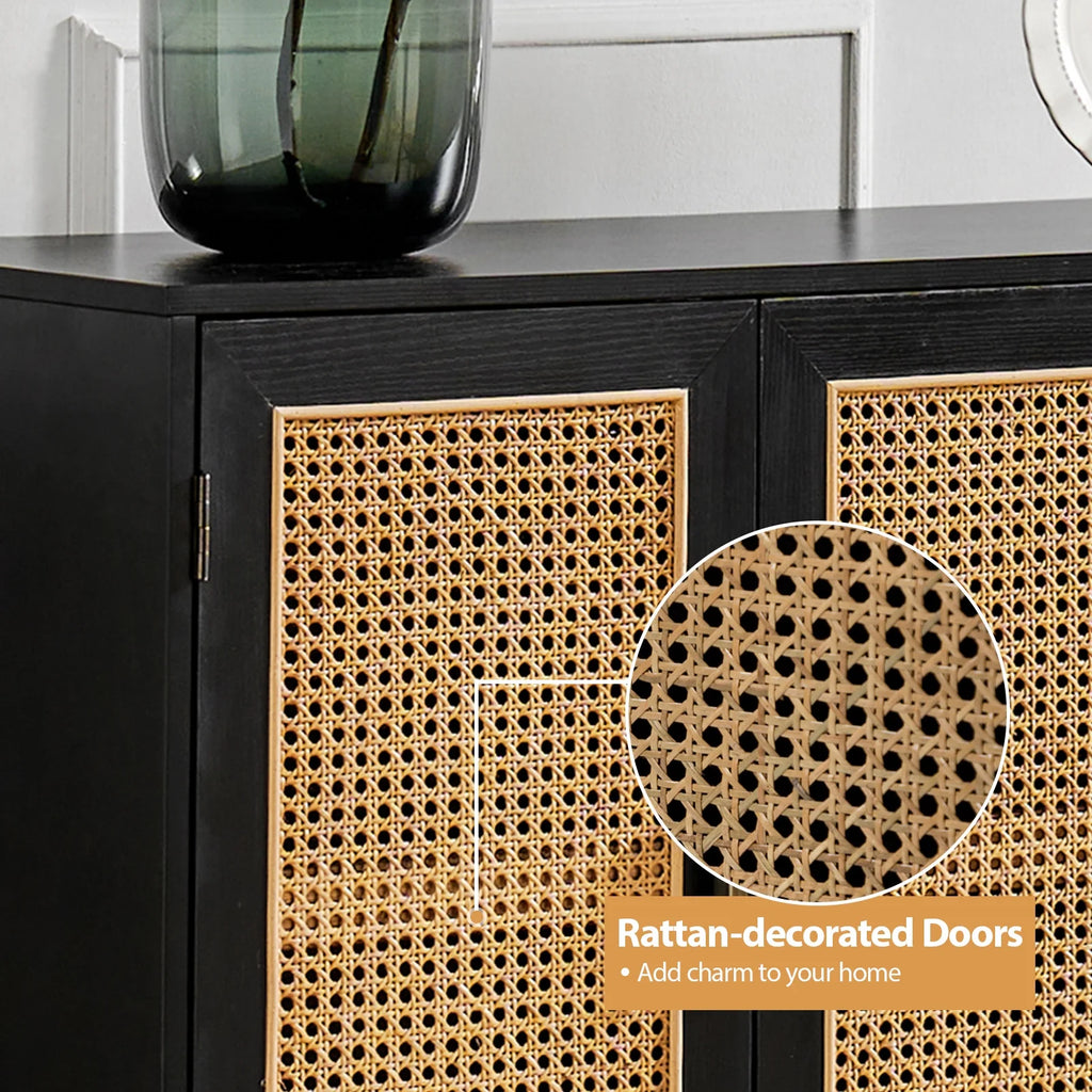 Buffet Boho en bois à 3 portes, meuble de rangement avec portes en rotin, noyer