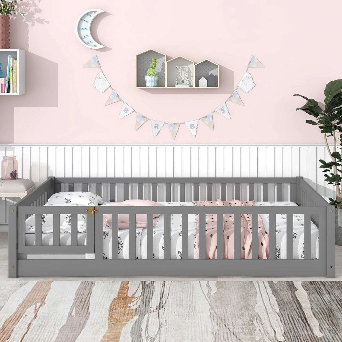 uhomepro Cadre de lit au sol en bois 2 places avec barrière et porte pour enfants et tout-petits, Gris