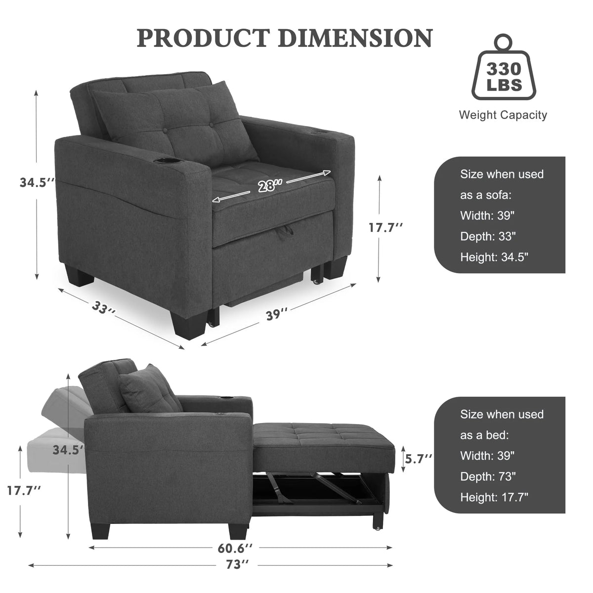 DURASPACE Fauteuil convertible 3 en 1 avec lit et port USB, Fauteuil d’intérieur avec méridienne, Gris foncé