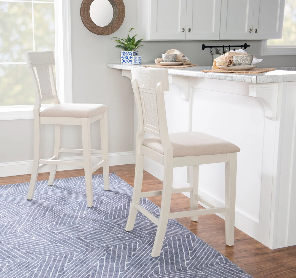 Tabouret de comptoir Linon Roseglen 26, finition blanchie avec tissu beige
