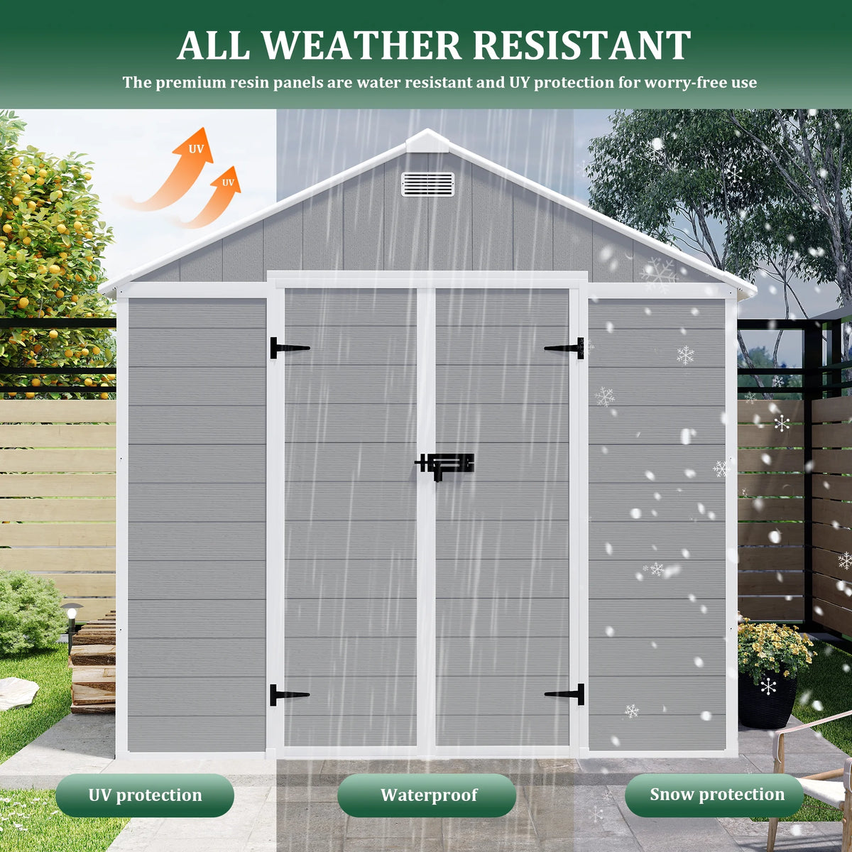 Enyopro Abri de rangement extérieur 6 x 4,4 pi, grand abri utilitaire en résine plastique toutes saisons pour outils avec deux portes verrouillables, pour patio, cour arrière et pelouse, gris