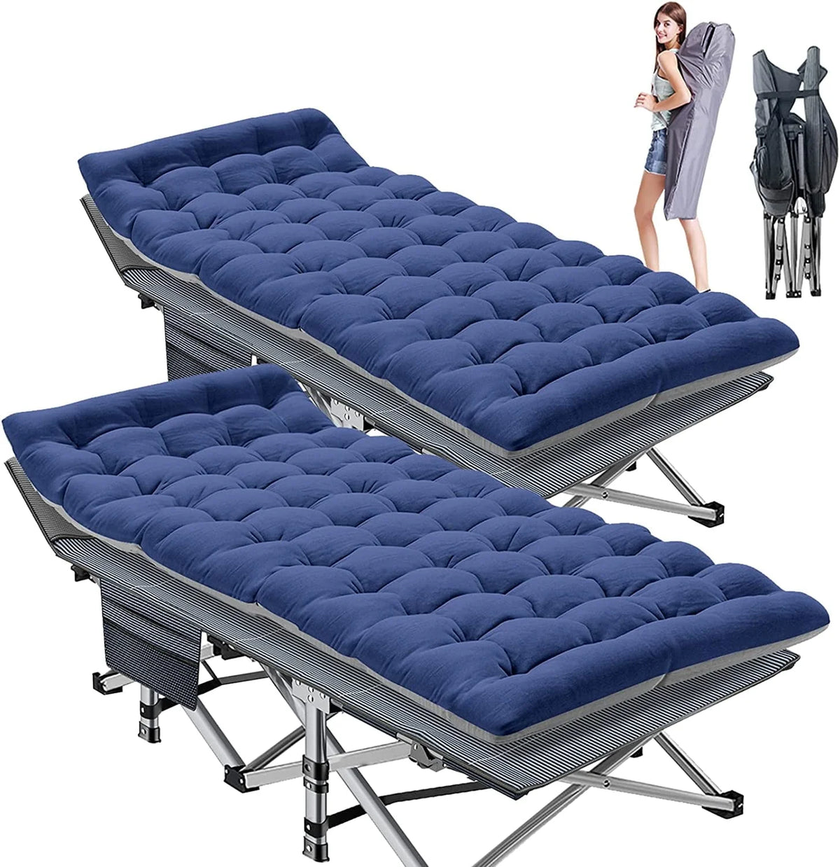 Lot de 2 lits pliants Slsy avec matelas réversible de 8,4 cm, lits de camping pliants 75 × 28 avec sac de transport, lits d’appoint portables