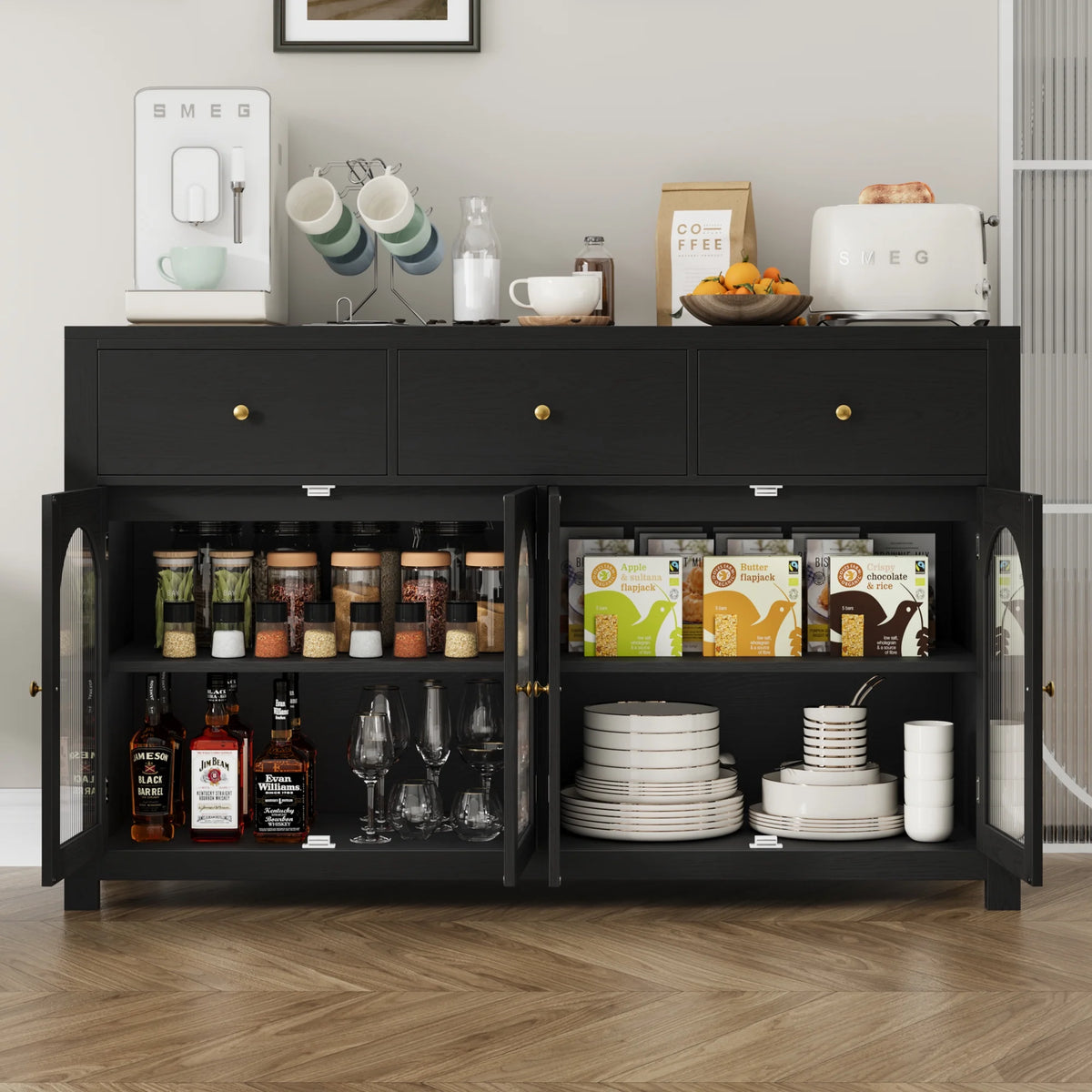 Homfa Grand buffet de 55'', meuble de rangement de cuisine avec 3 tiroirs et 4 portes vitrées, meuble bar en bois pour salon, blanc