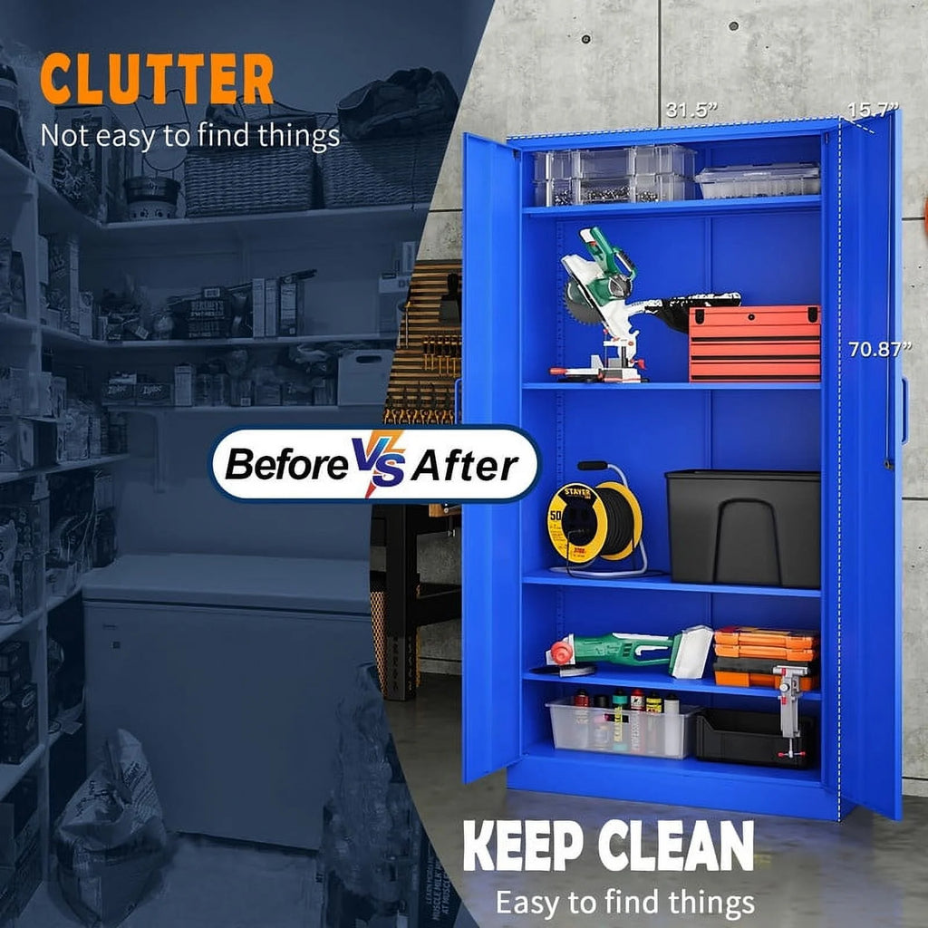 Armoire de rangement en métal Fesbos pour garage avec 2 portes et 4 étagères réglables - Classeur en acier verrouillable de 71, armoire à outils verrouillable pour bureau, maison, garage, salle de sport (Bleu)