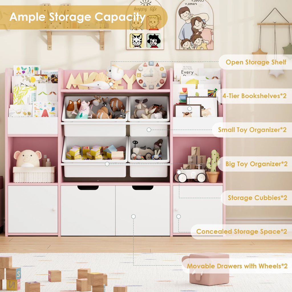 Hiphuta Bibliothèque et Meuble de Rangement pour Jouets pour Enfants, Organisateur en Bois avec 4 Paniers et 2 Tiroirs Amovibles pour la Maison et la Chambre, Étagère à Livres pour Enfants avec Bac à Jouets et Support à Livres, Blanc