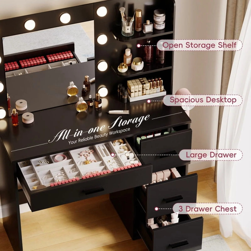 Coiffeuse Lacoo avec miroir et éclairage LED, coiffeuse de maquillage avec 7 tiroirs et 4 étagères, table de toilette avec prise électrique pour chambre ou dressing, blanc