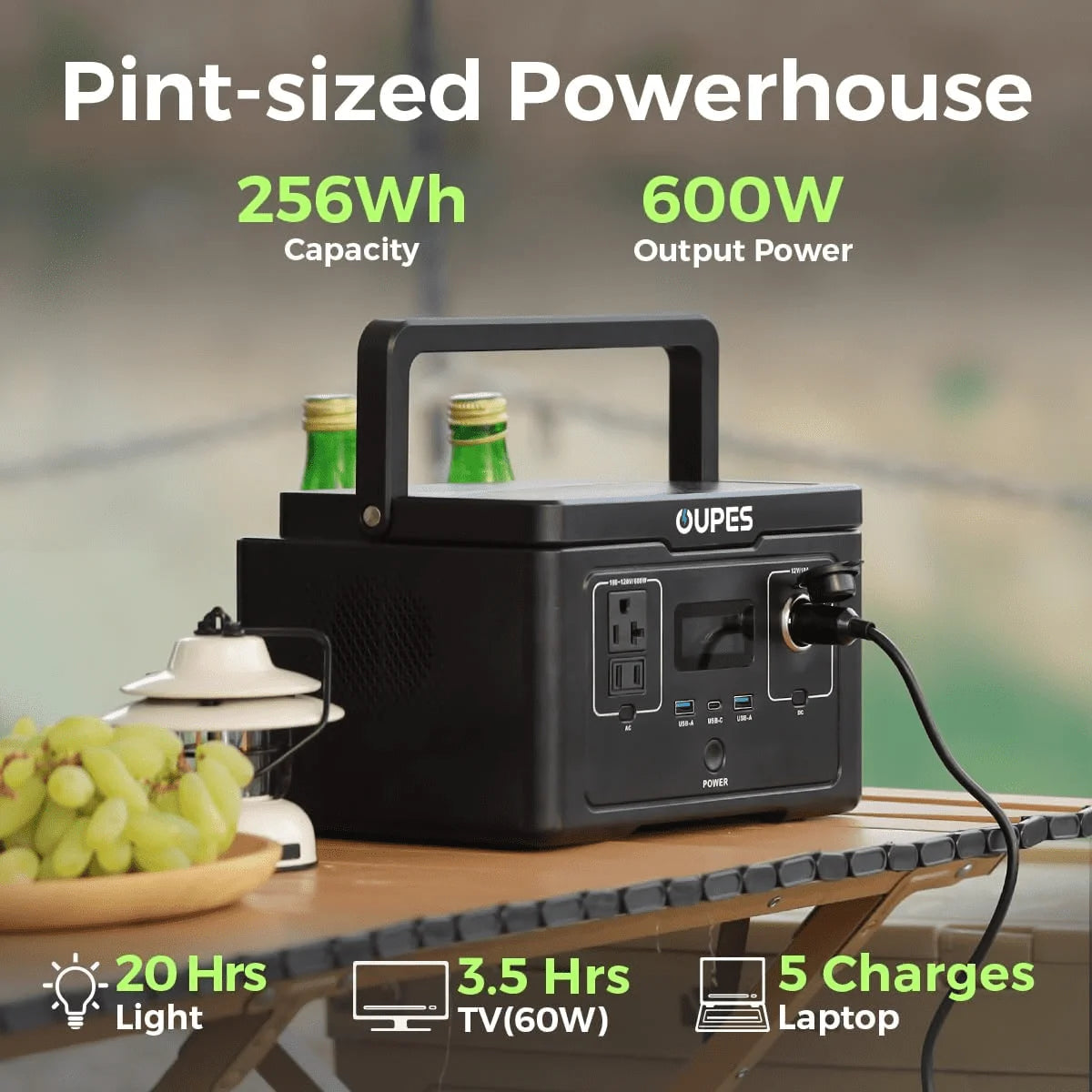 OUPES 600W, 256Wh Station d'énergie portable Exodus 600, Générateur solaire LiFePO4 80000mAh, 8,16lbs, 0-100% en 1 heure, pour Camping-car,Extérieur,Camping