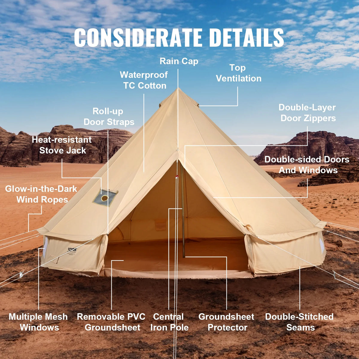 Tente cloche en toile VEVOR, tente yourte 4 saisons de 4 m/13,12 pieds, tente en toile pour le camping avec prise de poêle, tente respirante pouvant accueillir jusqu'à 6 personnes, pour le camping en famille, la chasse, les fêtes en plein air.