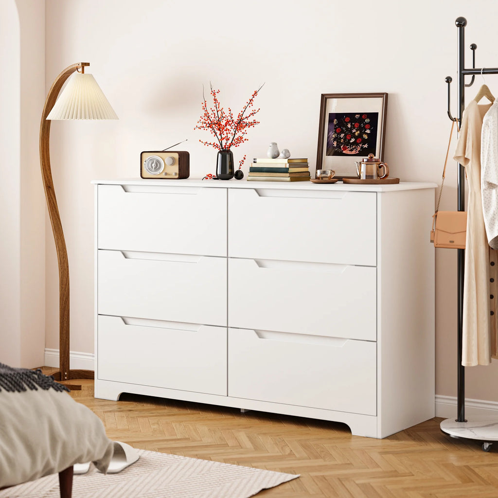 Commode pour chambre, commode double Lofka à 6 tiroirs avec poignées découpées, grande capacité de rangement, dispositif anti-basculement, commode moderne en bois, glissières métalliques fluides, blanc