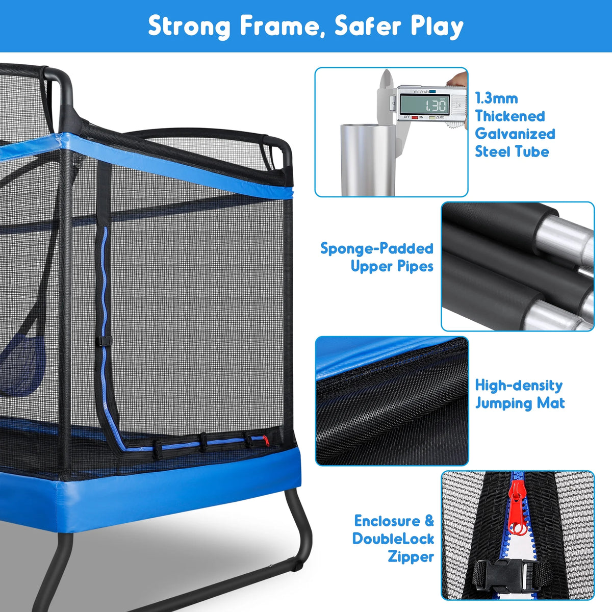GIKPAL Trampoline pour enfants 3-en-1 avec balançoire, trampoline rectangulaire de 6 pieds pour tout-petits, intérieur/extérieur pour les 3 à 8 ans, tapis de saut robuste pour jouer dans le jardin, bleu