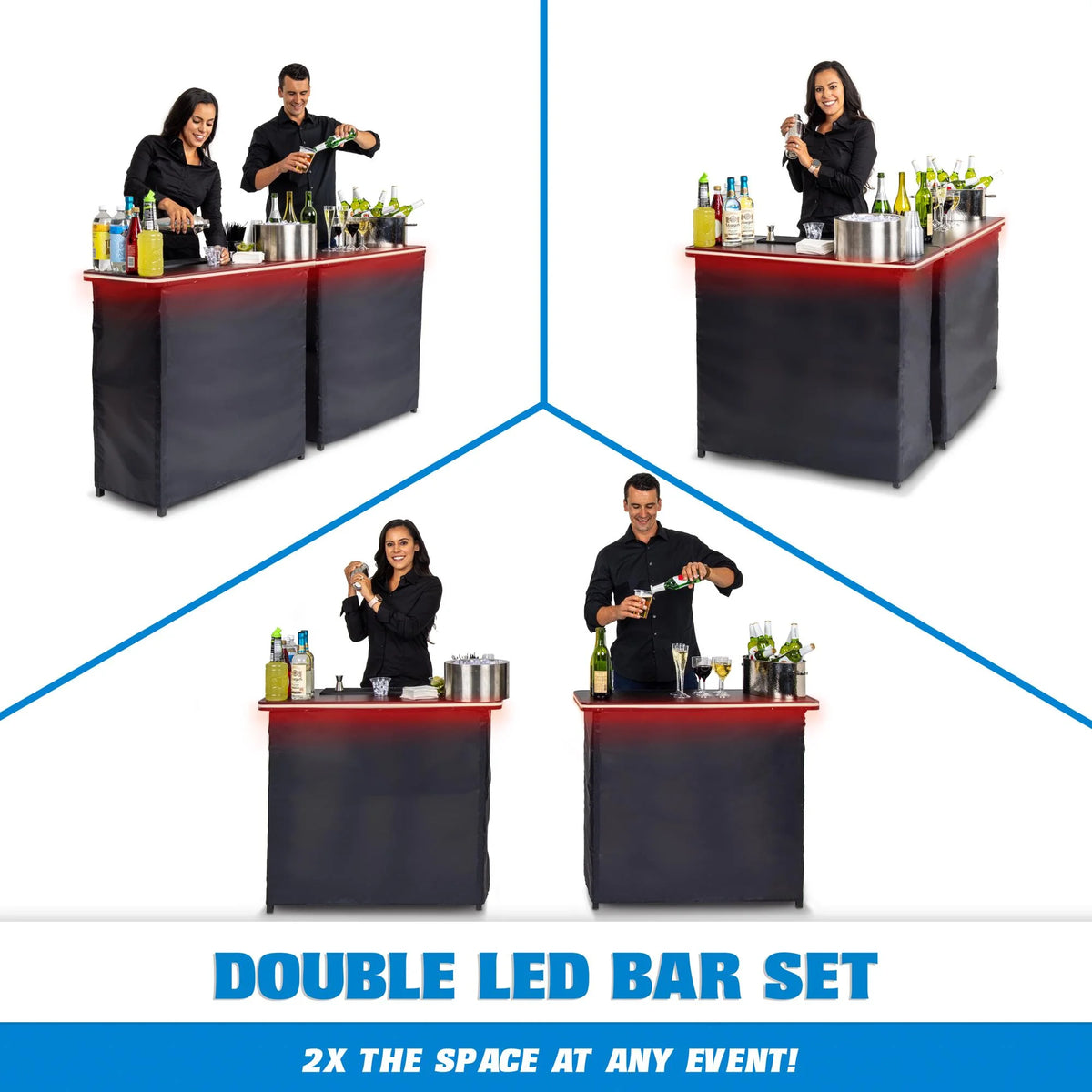 Ensemble de table de bar double portable GoBar avec éclairage LED multicolore - Station mobile de barman pour événements - Valise de transport incluse
