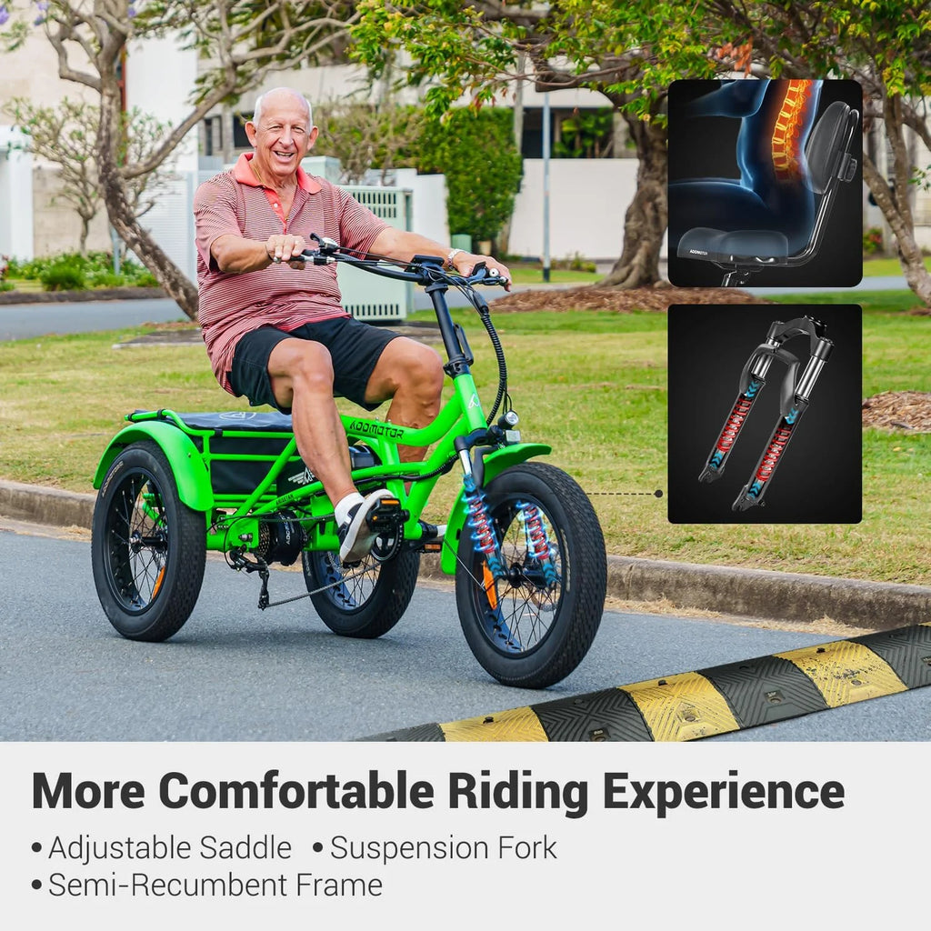 Tricycle électrique semi-allongé Addmotor M-360II, 85 mi, vélo électrique à 3 roues avec pneus larges pour adultes, tricycle électrique 750 W 48 V 20 Ah pour seniors, 20 pouces, avec différentiel de vitesse, vert