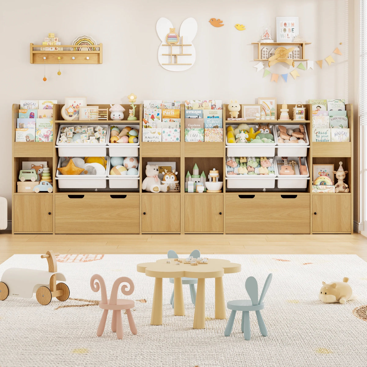 Hiphuta Bibliothèque et Meuble de Rangement pour Jouets pour Enfants, Organisateur en Bois avec 4 Paniers et 2 Tiroirs Amovibles pour la Maison et la Chambre, Étagère à Livres pour Enfants avec Bac à Jouets et Support à Livres, Blanc