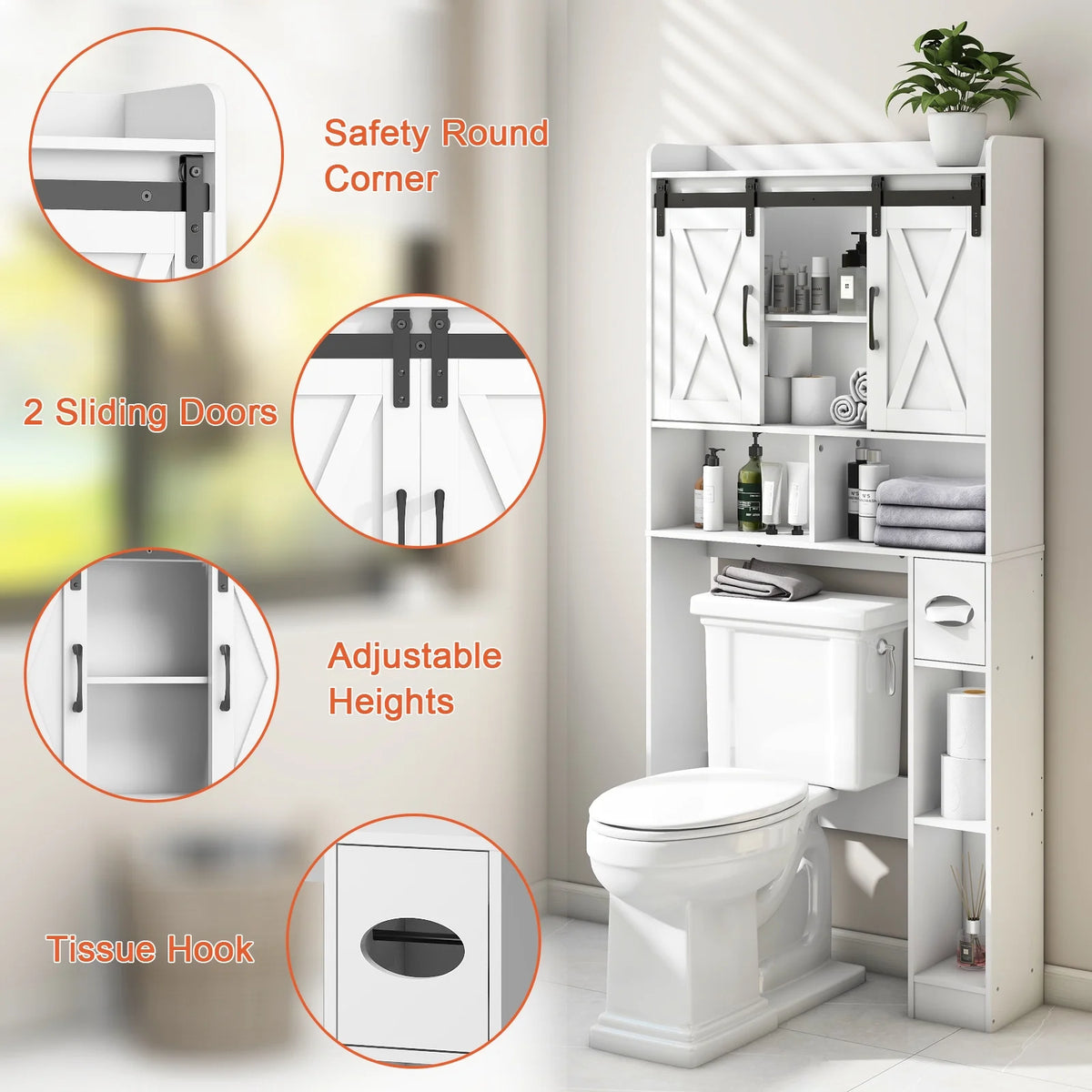 Meuble de rangement au-dessus des toilettes, meuble de rangement de style maisonnette au-dessus des toilettes avec portes coulissantesÉtagère de rangement gain de place pour toilettes, pour salle de bains, toilettes, buanderie