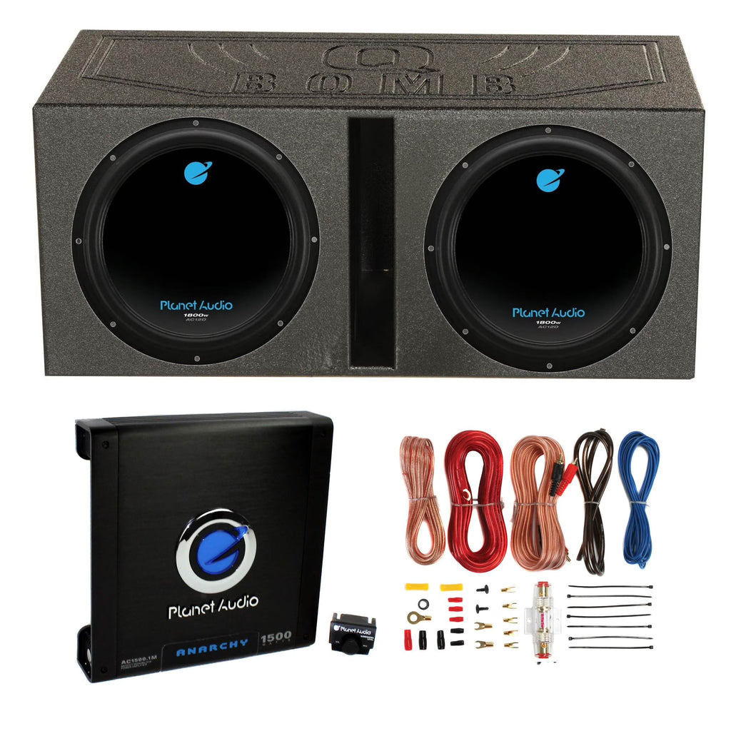 2) Caissons de basses Planet Audio 12 1800 W + enceinte ouverte doublée + amplificateur + câble