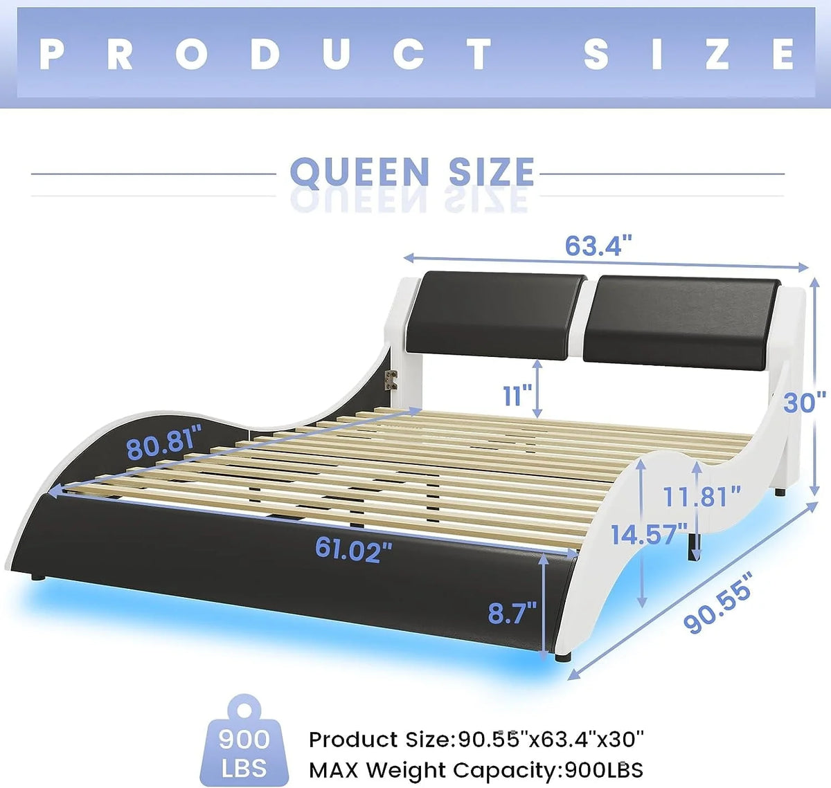 Cadre de lit Queen Size avec éclairage LED,Cadre de lit plateforme moderne avec tête de lit rembourrée,Cadre de lit bas en similicuir effet ondulé,Aucun sommier requis,Noir