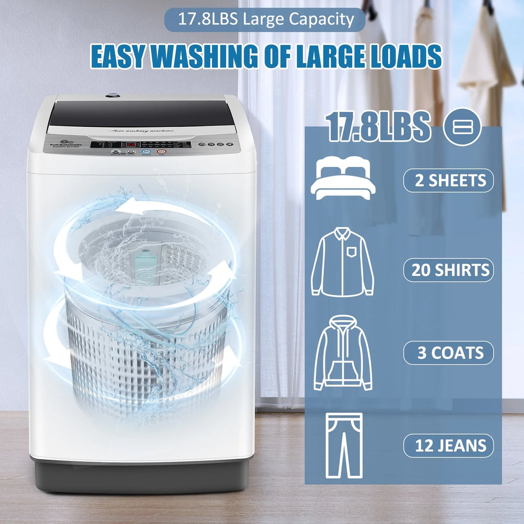 Machine à laver portable Qhomic, grande capacité de 17,8 lb, entièrement automatique, 10 programmes de lavage et 8 niveaux d’eau, idéale pour les appartements, les résidences universitaires et les familles